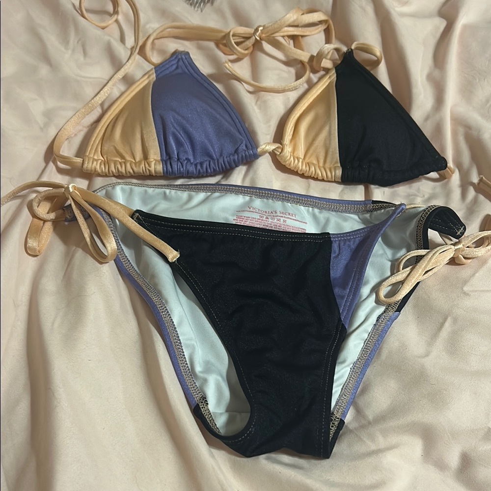 Colorblock Bikini Set in Black, Purple, and Tan